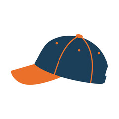 Fototapeta premium Side view of a navy blue baseball cap with an orange brim.