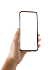 Hand holding smartphone with transparent screen on transparent background, Perfect for mobile app presentation, UI/UX design showcase, and digital product mockup.