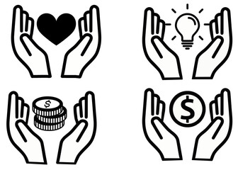 Business Finance and Idea Protection Icons – Hand Holding Money and Innovation Symbols