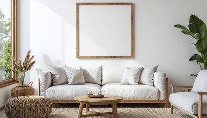 Bright modern living room interior with white sofa and blank picture frame for mockup