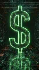 Glowing Green Digital Dollar Sign: Abstract Screensaver for Mobile Phone, Futuristic Finance Theme.