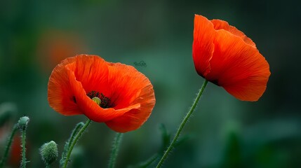 Two vibrant poppies in a soft, natural setting.
