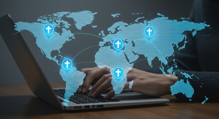 A person using a laptop with a digital world map overlay, showing Christian crosses at various locations. Global religious connection and evangelism.
