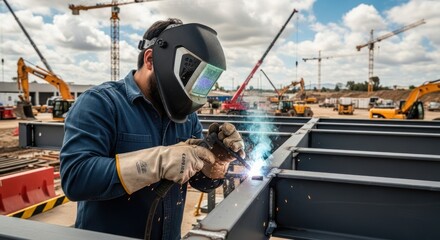 A welder working on a construction site with cranes and machinery in the background.
