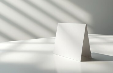 Fototapeta premium Blank white table tent card mockup standing on clean surface. Realistic paper card offers clean space for business, identity, promotional text. Subtle lighting, shadow depth highlight minimalist