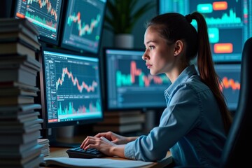 The young female stock market broker surrounded by books and newspapers, her face lit by the glow of computer screens showing graphs
