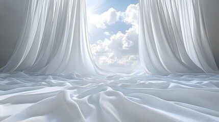 Soft white curtains billow gently in a serene room, revealing a bright sky with fluffy clouds on a sunny day