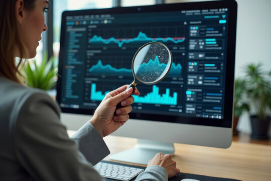 Examining Data Patterns on Computer Screen with Magnifying Glass: a businesswoman's Hand on Wooden Desk - Powered by Adobe