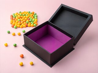 An open black box with a vibrant purple interior rests on a pink surface. Colorful round candies are next to the open box, some scattered.