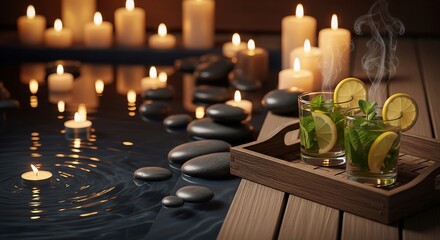Candlelit Serenity: Steaming Mint Tea, Zen Stones, and Rippling Water