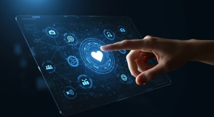 Woman hand touching heart icon on futuristic digital tablet screen. Social media app interface for connectivity, networking concept.