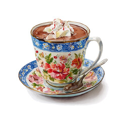 Christmas Hot Chocolate, watercolor painting, vector illustration, isolated on a white background.