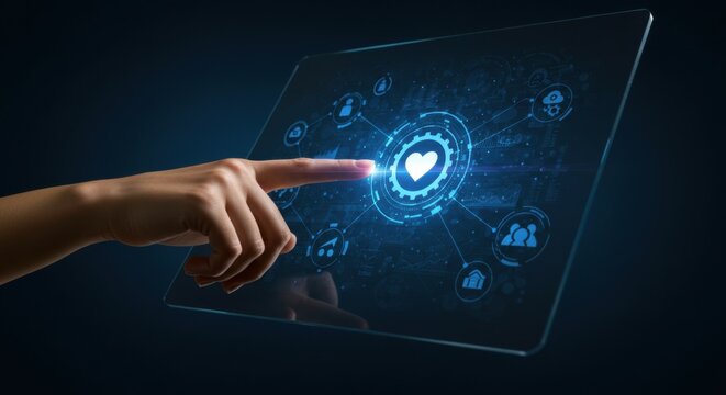 Woman hand touching heart icon on futuristic transparent social media screen. Digital community network and connection concept for communication.