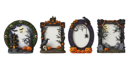 Spooky frames featuring Halloween themes, trees, pumpkins, skulls, ravens, graveyards