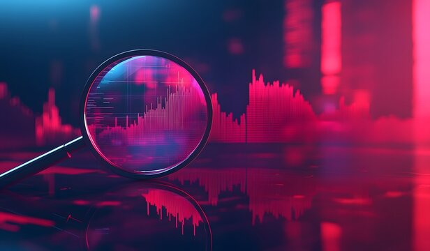 A magnifying glass hovers over a trading chart, with stock market charts and graphs in the background. The color scheme is predominantly red,  - Powered by Adobe