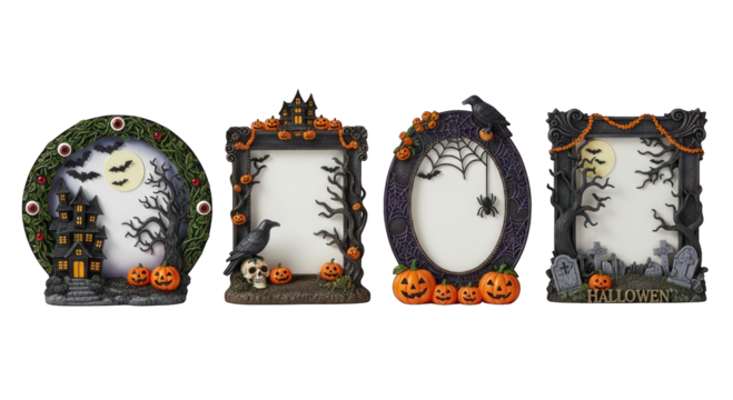 Spooky frames featuring Halloween themes, trees, pumpkins, skulls, ravens, graveyards