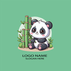 Cute kawaii panda sitting with bamboo logo icon vector . © mesbahul