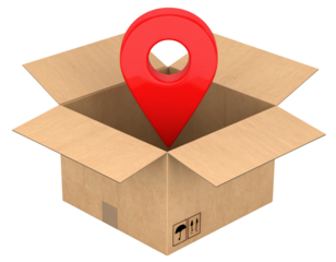 Closed Cardboard Shipping Box with Oversized 3D Red Location Pin on Top Surface, Front View Isolated on Transparent Background PNG