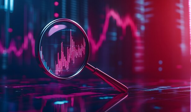 A magnifying glass hovers over a trading chart, with stock market charts and graphs in the background. The color scheme is predominantly red, 