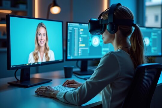 Young woman at desk using virtual technology to video conference with hologram of colleague