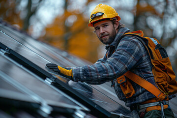 Obraz premium Worker installing solar panels on a roof.