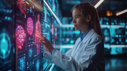 Female scientist interacting with holographic medical visualizations on large interactive displays in a modern lab.
