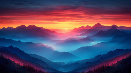 Obraz premium Breathtaking mountain sunrise panorama. Vivid colors paint a majestic landscape of misty peaks bathed in golden light.
