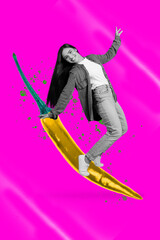 Naklejka premium Trend poster collage of person stand ride on red big chili pepper over pink color background
