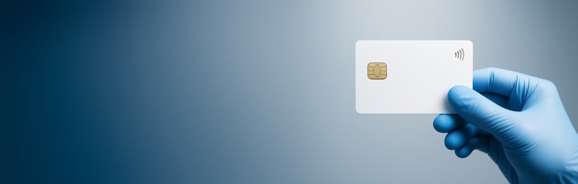 Hand in blue glove holding blank smart card with chip and contactless symbol on gradient background, ideal for copyspace or payment concept design. Ai generative - Powered by Adobe
