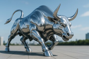 Shiny metallic bull statue in aggressive pose on urban plaza with modern cityscape background and clear blue sky in daylight. Ai generative. Ai generative