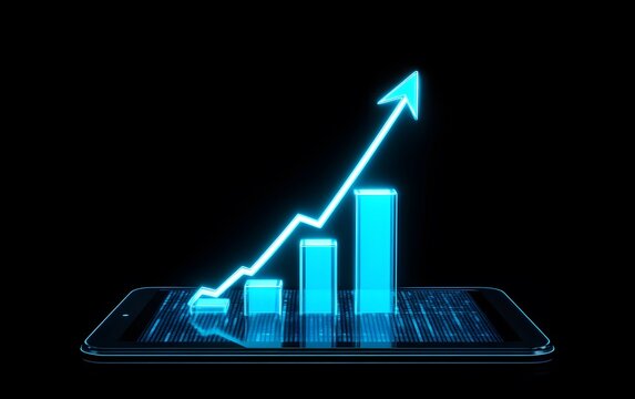 3D illustration of coins and graph arrow up with financial towers on background,