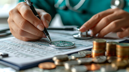 Doctor reviewing financial records with stethoscope and coins.