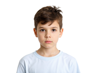 A serious young boy with short brown hair, wearing a light blue t-shirt, gazes directly at the camera with an expression of contemplation.