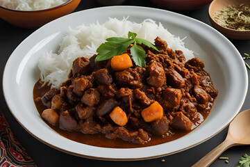 Homestyle Beef Curry with Potatoes and Chickpeas Served with Rice