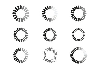 Collection of nine circular loading indicators isolated on white background
