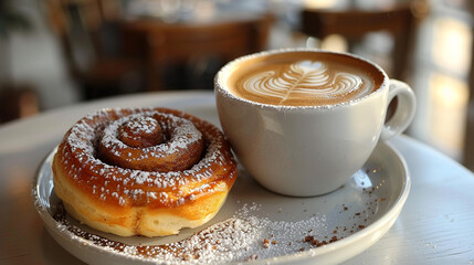 A cinnamon roll and cappuccino on a cafe table.