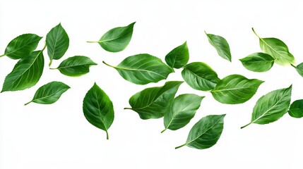 Vibrant green leaves float gracefully against a stark white backdrop, creating a dynamic, nature-inspired design