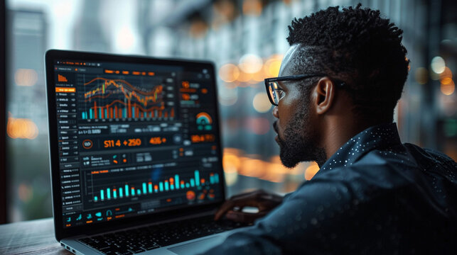 Focused man analyzing financial data on a laptop in a modern setting.