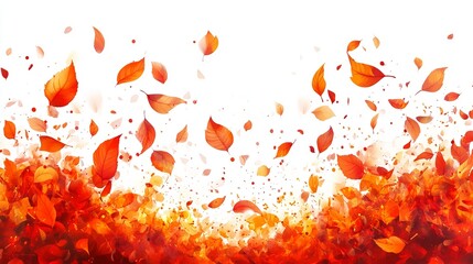 A vibrant autumn scene featuring numerous red and orange leaves swirling and falling against a white backdrop.  The leaves create a wave-like effect at the base