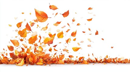 A vibrant depiction of autumn leaves in motion, cascading from the top and accumulating at the bottom against a white background.  The image evokes feelings of seasonal change and the beauty of fall