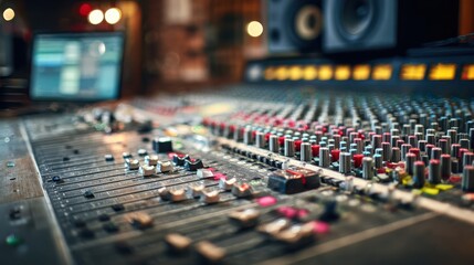 Obraz premium Vintage recording studio with analog mixing console featuring colorful buttons and sliders, ambient lighting creating a creative atmosphere for music production