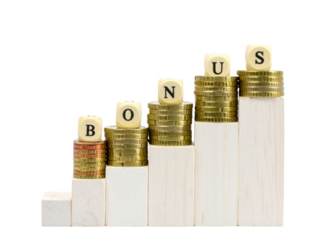 A series of stacked coins and wooden blocks displays the word "BONUS," illustrating financial growth and rewards. - Powered by Adobe