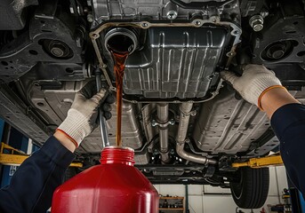 Draining Used Engine Oil from Vehicle – Oil Change Process in Auto Repair Shop, Professional Car Maintenance, Waste Oil Disposal, Automotive Industry