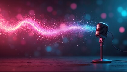Vintage microphone on stage emits colorful glowing soundwave. Abstract particles create dynamic energy flow, voice transmission, music, radio communication. Neon lights create futuristic atmosphere