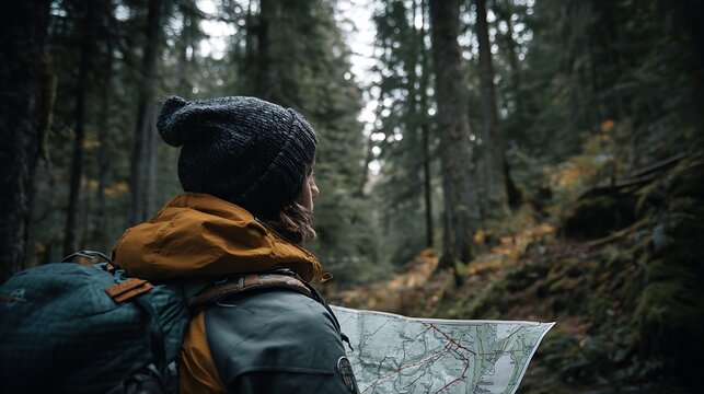 Adventurous hiker navigates dense forest using detailed map for exciting wilderness exploration