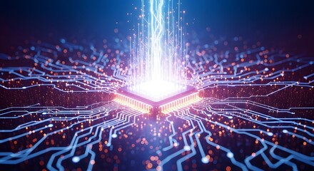 A glowing microchip with intricate circuits and electric signals, representing the future of technology, artificial intelligence, and highspeed data transfer