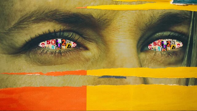 Old blank grunge fly posters backgrounds with creased crumpled paper backdrop surface placard empty space for text moving numbers in womans eyes seamless collage loop