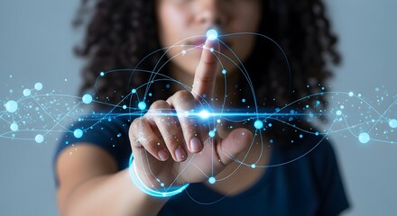 A woman touches a digital screen, interacting with a futuristic network interface, representing the connection between technology, innovation, and virtual reality