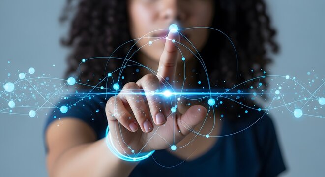 A woman touches a digital screen, interacting with a futuristic network interface, representing the connection between technology, innovation, and virtual reality