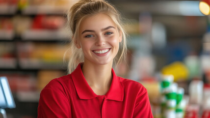 happy young female supermarket cashier standing in supermarket